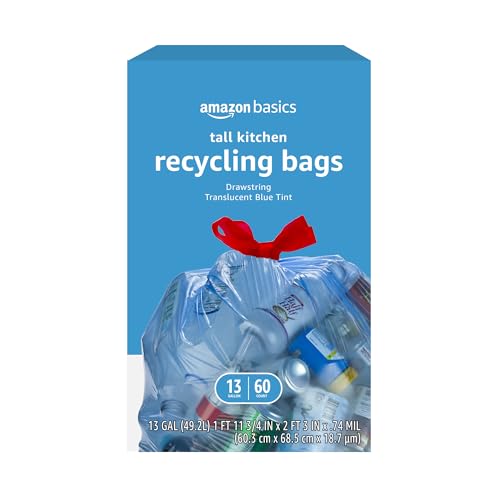 Amazon Basics 13 Gallon Recycling Trash Bags, Blue Drawstring, 60 Count