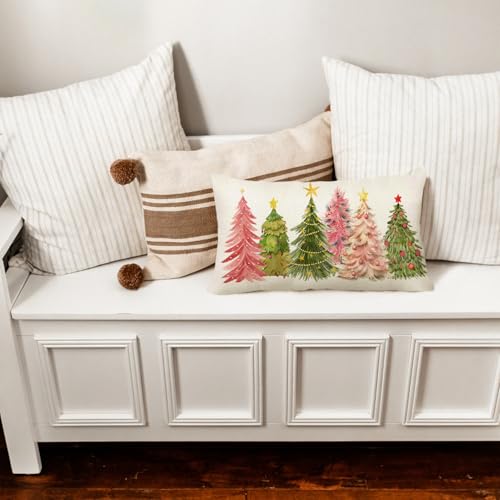 Pink Green Christmas Pillow Cover 12x20 Inch | Watercolor Tree Design