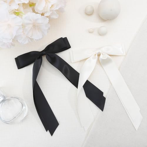 Silky Satin Bow Double Ribbon Hair Clips 2-Pack Beige Black