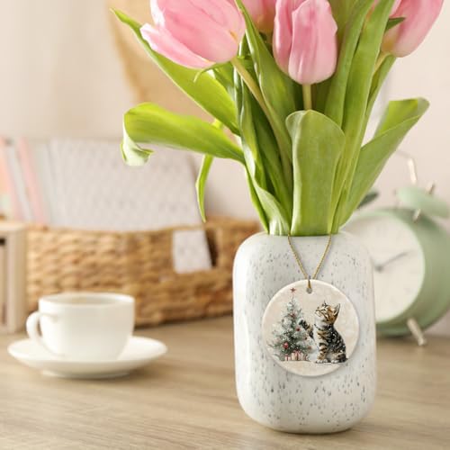 Christmas Cat Tree Ornament - Ceramic Round Hanging Keepsake - Cat Variation