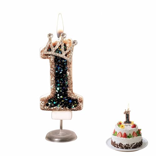 Black Gold Crown Number 1 Birthday Candle with Glitter Topper