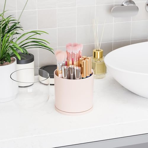 Yieach Rotating Makeup Brush Holder with Lid - 6-Compartment Pink Organizer