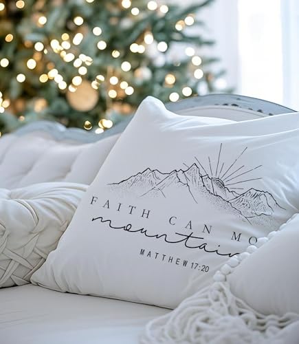 White Bible Pillow Cover 18x18 - Faith Can Move Mountains Decor