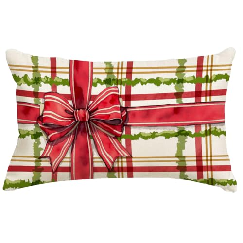 Christmas Pillow Cover 12x20 Inch - Red and Green Gift Bow Design