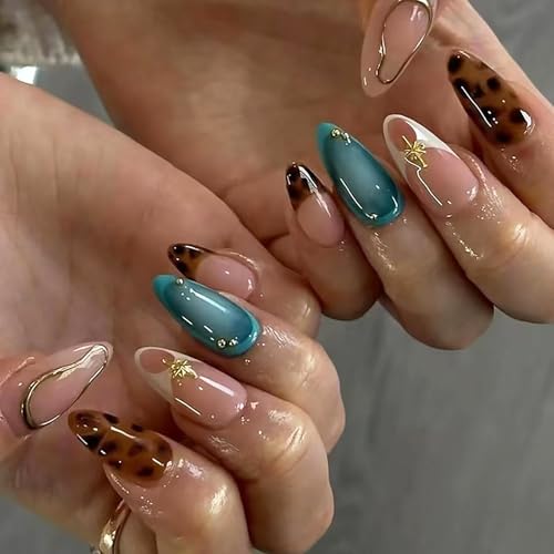 KKUUOO Nude Medium Almond Press On Nails 3D Gold Pearl & Leopard Print