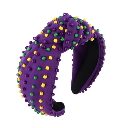 Mardi Gras Beaded Knotted Wide Headband - Purple Green Yellow Festival Hair Accessory