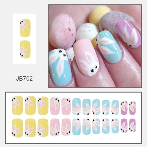 Easter Press on Nails Short Square False Nails with Rabbit Designs