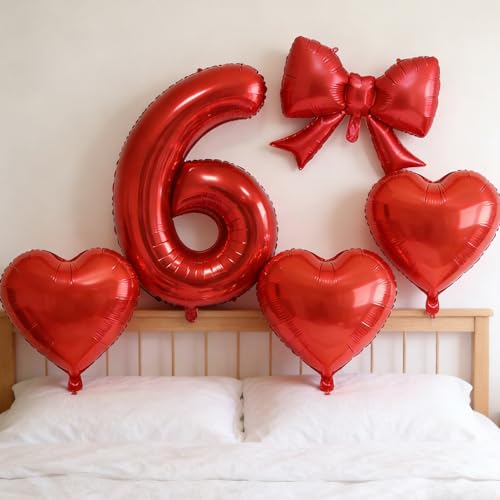 Red Number Balloons Set - 32 Inch Mylar Foil with Bow & Heart