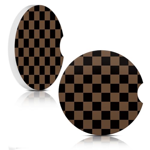 Khaki Checkered Ceramic Car Coasters - 2 Pack with Cork Base