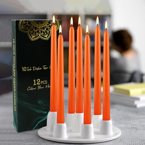 10-Inch Orange Taper Candles - 12 Pack, Unscented & Dripless for Events