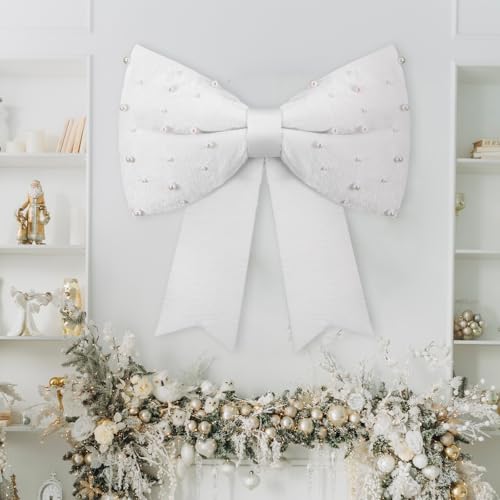 White Christmas Giant Bow with Pearl Satin Decoration for Tree Front Door Holiday Party Outdoor Decor - 24 Inch