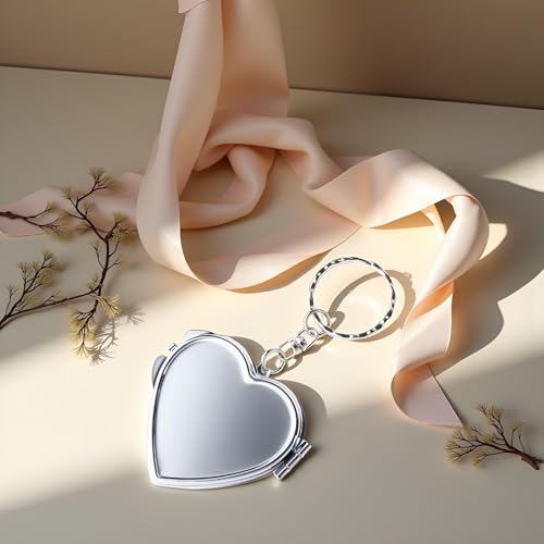 Heart Shaped Compact Mirror with Keychain Portable Folding Metal Pocket Mirror