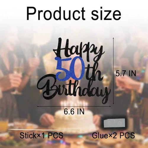50th Birthday Cake Topper - Black & Blue Glitter Decoration