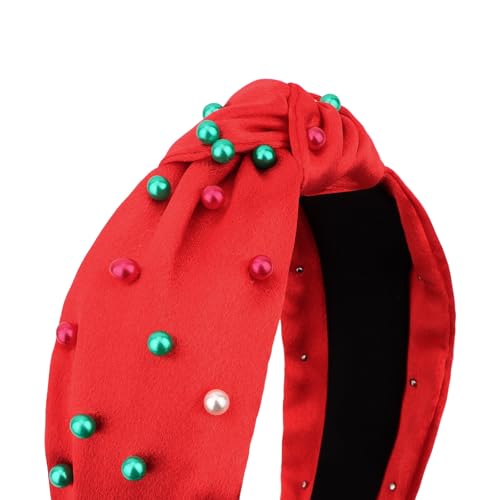 Christmas Knotted Headbands - 2PCS Red & Green Pearl Beaded Hair Accessories