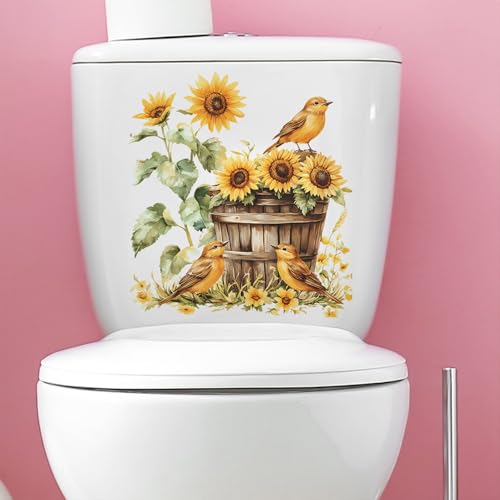 Sunflower and Bird Toilet Lid Sticker Decal - Waterproof Bathroom Decor