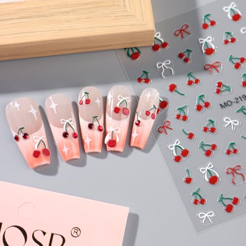 Cherry Nail Art Stickers 2 Sheets Cute Red Bow Self-Adhesive Decals