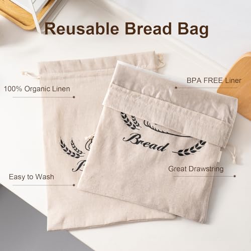 Reusable Linen Bread Bags with Plastic Liner, 17x13 Inches, 2 Pack