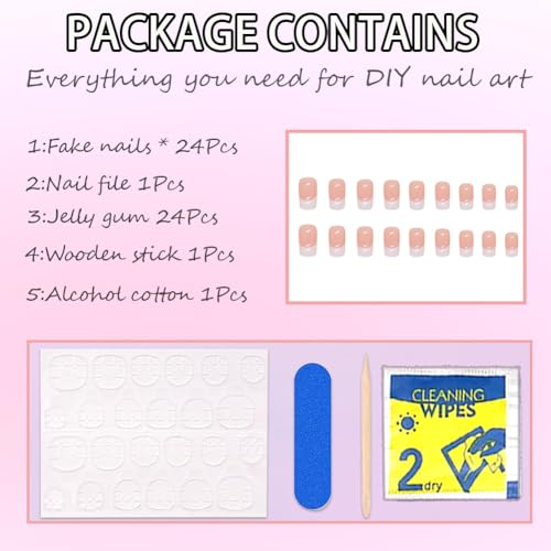 White French Tip Medium Square Press On Nails Glossy Fake Nails 32Pcs