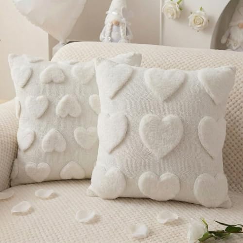 Beige Valentine's Day Heart Throw Pillow Covers 18x18 Inch - 2 Pack, Plush Faux Fur Jacquard Love Pillow Cases for Home & Living Room Decor