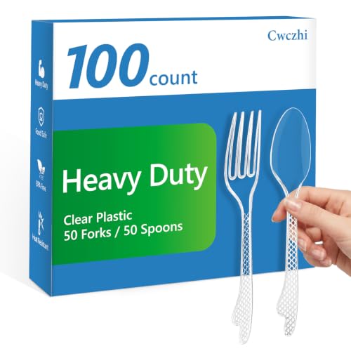 Cwczhi 100 Count Heavy Duty Clear Plastic Forks & Spoons - BPA-Free, Heat Resistant Disposable Cutlery for Parties
