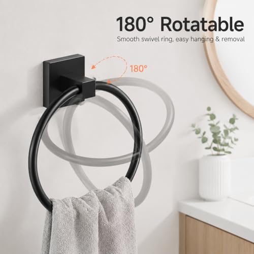Matte Black Stainless Steel Towel Ring - 180° Rotatable Holder