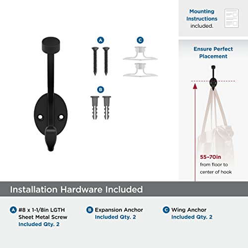 Amerock Adare Matte Black Double Prong Wall Hook - Stylish Entryway & Bathroom Organizer