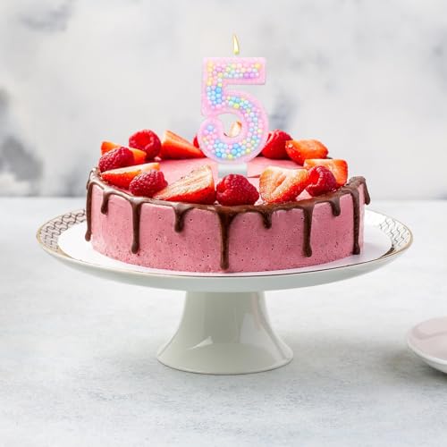 Lasuroa Number 5 Macaron Birthday Candle, Pink Glitter Cake Topper
