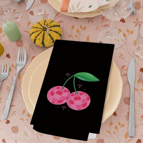Cherry Kitchen Hand Towels Set of 2 - Pink & Black Decorative Dish & Bathroom Towels