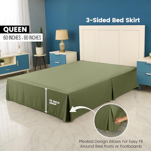 King Bed Skirt 16-Inch Drop, Pleated Olive Microfiber