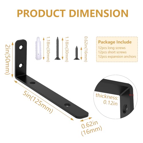 LSK 5x2 Inch Black L Bracket - 6 Pack Shelf Support, 42lb Load