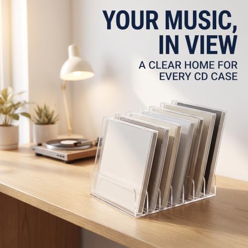Acrylic CD Holder - Vertical Media Storage Rack for Up to 14 CDs, Clear Organizer