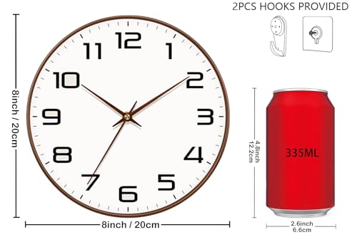 Woodgrain Silent Wall Clock - 8 Inch Battery Operated, Large Easy-to-Read Numbers