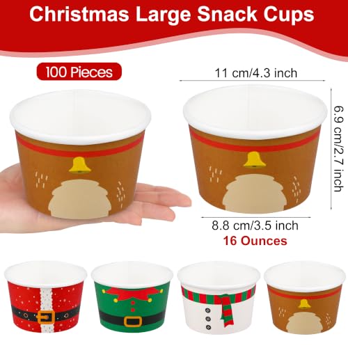 Large Christmas Snack Cups 16 Oz Pack of 100 Disposable Paper Bowls with Santa Snowman Elk Elf Designs