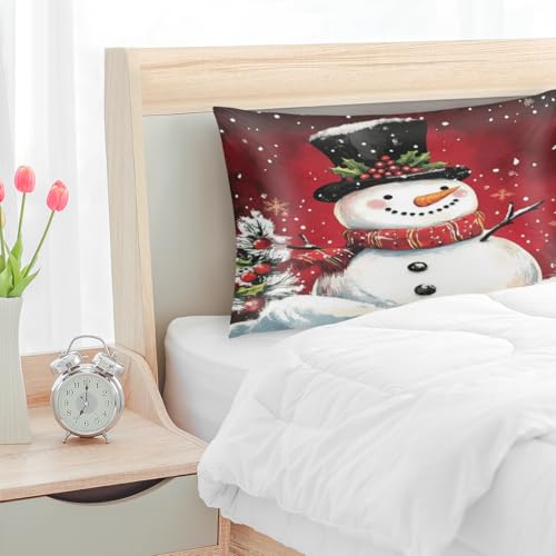 Christmas Satin Pillowcase Queen Size Red Snowman Silk Pillow Cover with Zipper