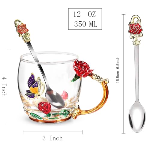 Elegant Flower Tea Cup with Butterfly Rose Design and Matching Spoon - Hot & Cold Drink Mug with Gift Box - Gold Red Variation