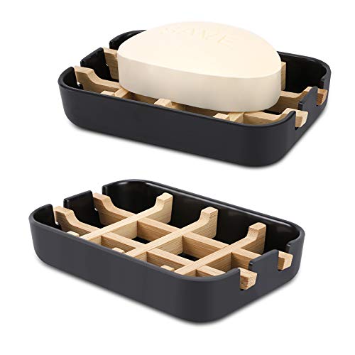 Bamboo Wooden Soap Dish with Drainage - Black, Easy Clean Design