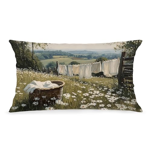 Multicolour Farmhouse Laundry Day Pillow Cover 12x20 - Rustic Country Wildflower Decorative Lumbar Cushion for Couch Bed Living Room Bedroom