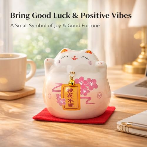 Pink Maneki Neko Lucky Cat Figurine – Japanese Ceramic Good Luck Charm