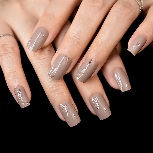 IKISKT Glossy Light Brown Press On Nails Square Fake Nails 24 Pcs