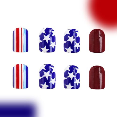 Short Press on Nails Independence Day Square Glossy Red Blue Acrylic
