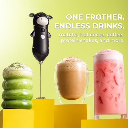 Zulay Kitchen Cow Milk Frother Wand – Betsy The Cute Handheld Coffee Frother for Lattes, Cappuccino & Matcha, Black