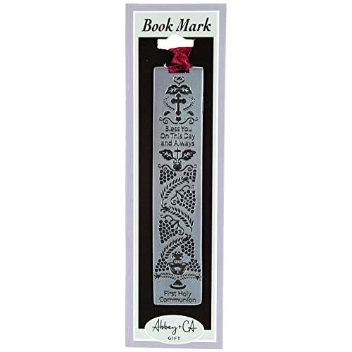 First Holy Communion Metal Bookmark with Burgundy Satin Ribbon