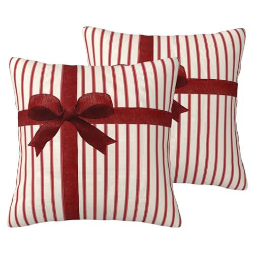 Red Bow Throw Pillow Covers 18x18 Inch Set of 2 - Holiday Ribbon Design, Xmas Decorative Cushion Cases