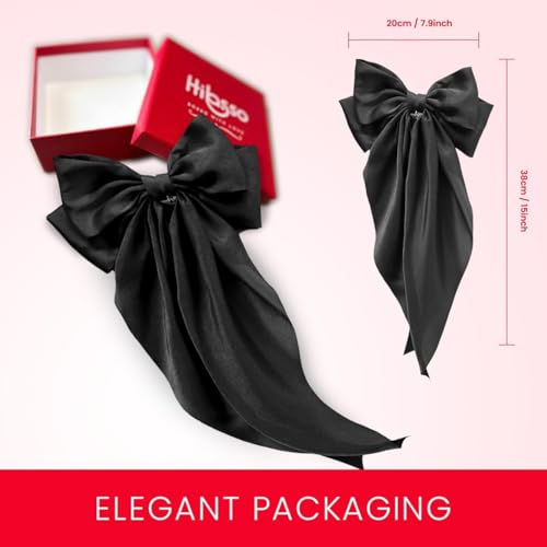 Hibasso Satin Black Hair Bow Clips Set - 2 Pcs Large Hair Bows for Women