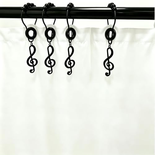 Musical Note Shower Curtain Hooks - 12-Piece Rust-Resistant Set (Black)