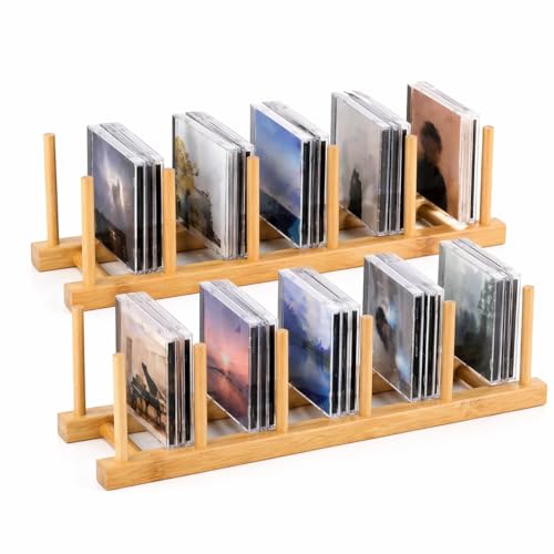 Bamboo CD Holder Organizer - 2 PCS Adjustable CD Rack for 18 Discs