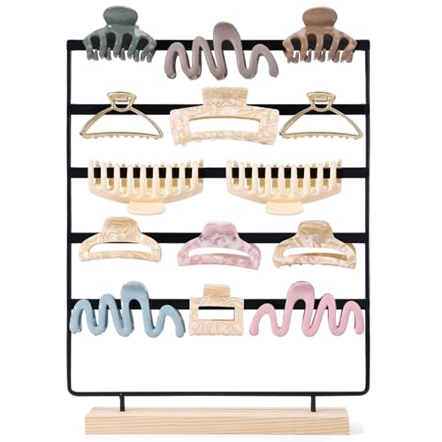Black 5-Tier Hair Claw Clip Holder with Wooden Base Organizer