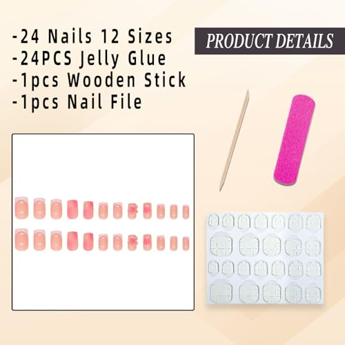 Jremg White French Tip Press on Nails Medium Square with 3D Flowers 24Pcs
