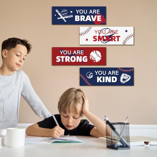 Baseball Room Decor Set - 4 Wooden Motivational Signs for Boys