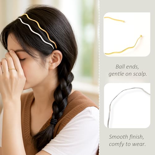 Ceemiaa Wave Metal Headbands 2-Pack - Gold & Silver Non-Slip Hair Accessories